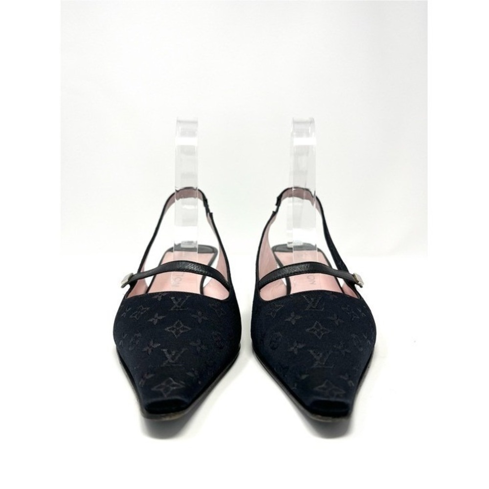 Vintage Louis Vuitton 90s Y2K Black Logo Monogram Slingback Kitten Heels 37.5 - Picture 4 of 12